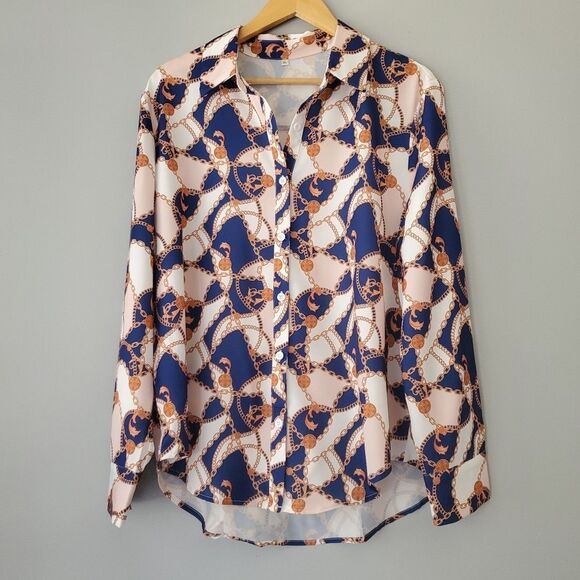 Blue White Gold Chain Links and Coins Long Sleeve Button Up Blouse Top Womens XL - Picture 1 of 8